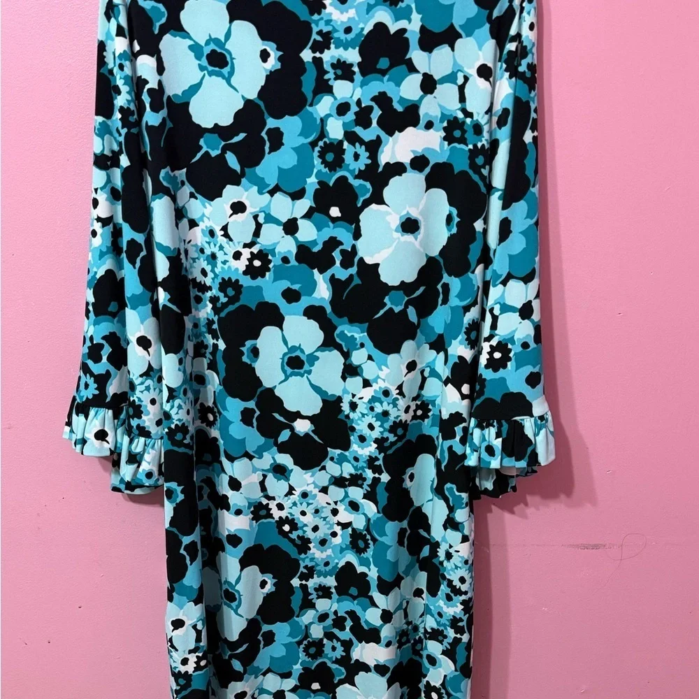 Michael Kors Blue and Black Floral Long Sleeve Dress